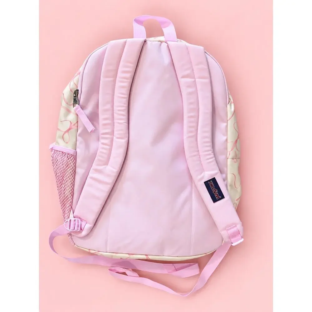 JanSport Big Student Cream & Pink Bow Print Backpack Coquette Preppy NWOT